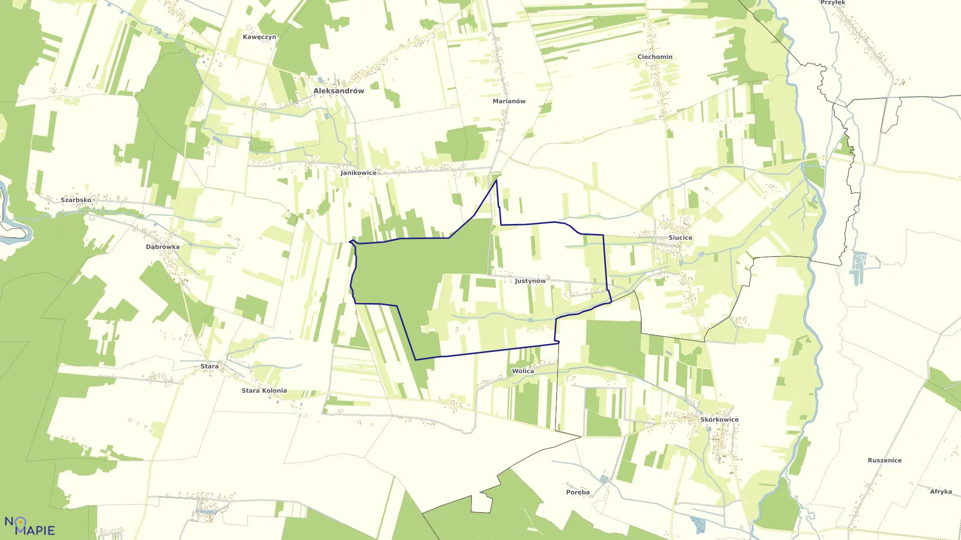 Mapa obrębu JUSTYNÓW w gminie Aleksandrów